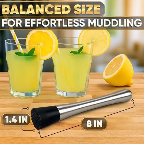 8-Inch Stainless Steel Cocktail Muddler with Grooved Nylon Head - Bar Tool