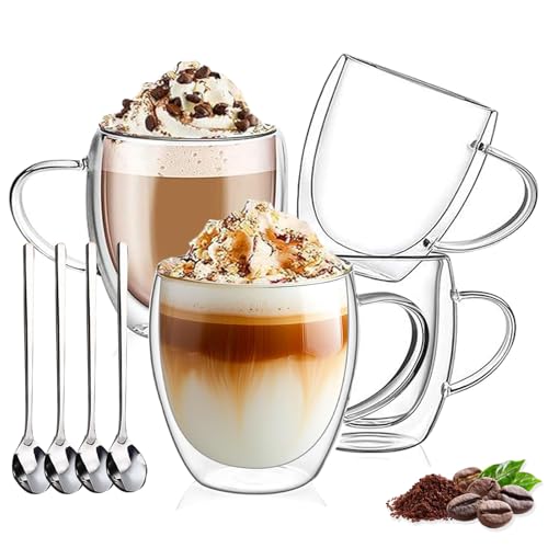 DINGPAI 4 Pack Double Wall Glass Coffee Mugs 8oz Borosilicate Insulated Cups