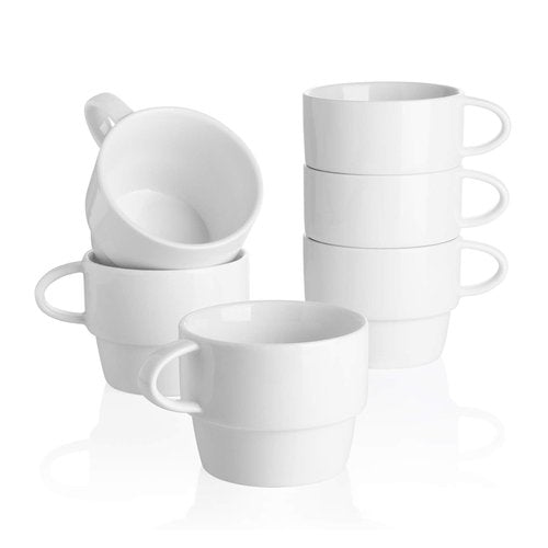Sweese Porcelain Espresso Cups Set of 6, White Ceramic Espresso Coffee Cups with Handle, 6oz Durable Espresso Coffee Mugs for Home & Cafe