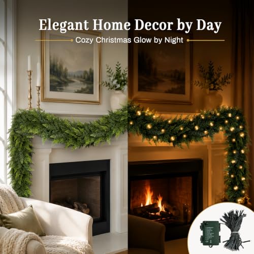 ICX 2Pcs 9.8FT Pre-Lit Cedar Garland with LEDs, Outdoor/Indoor Christmas Decor