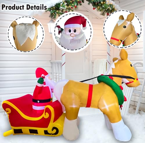 7FT Christmas Inflatable Santa on Sleigh with Horse - LED Yard Decor, Indoor Outdoor Holiday Decoration, JOYEASE A-7FT Horse Pulls Santa's Sleigh