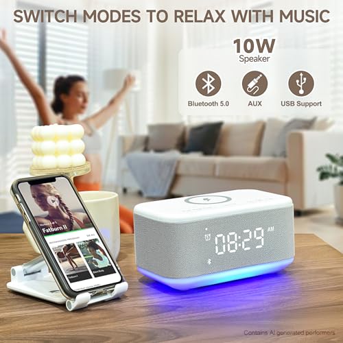 Digital Alarm Clock with Bluetooth Speaker, RGB Night Light & Wireless Charger