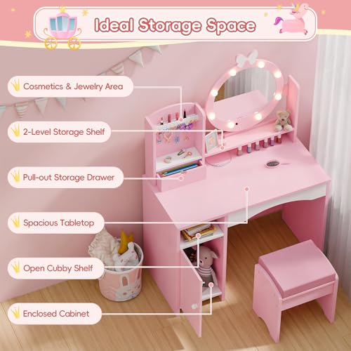 Kids Vanity Table and Chair Set with Lighted Mirror and Storage - Pink