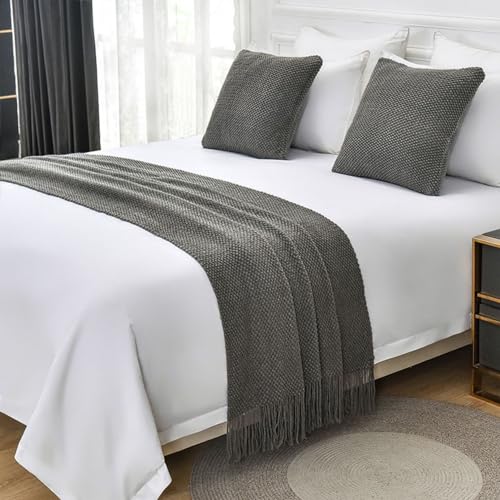 Soft Grey Knit Bed Runner Decorative Scarf Cover for Foot of Bed