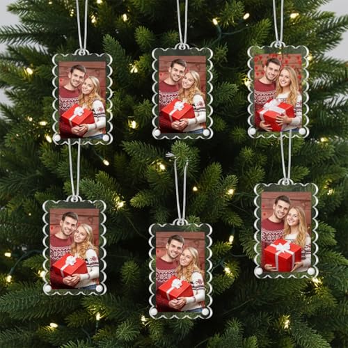 Bucherry 6 Pack Christmas Clear Acrylic Photo Frame Ornaments 2"x 3" Mini Hanging Picture Frame Ornaments Small Wave Scalloped with String for Christmas Tree Photo Decoration Xmas Party