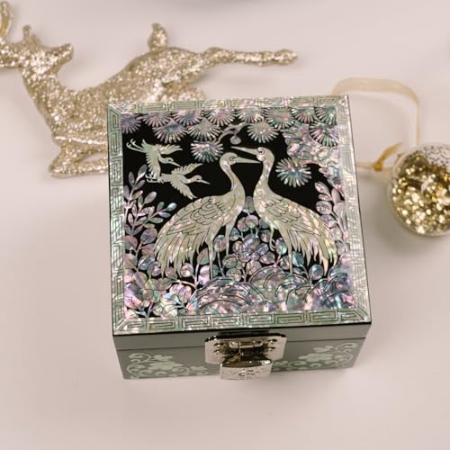 February Mountain Mother-of-Pearl Jewelry Box with Crane Variation - Handcrafted Black Lacquered Keepsake Storage, Red Velvet Interior, Gift for Women
