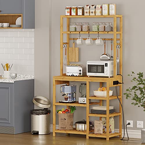 FORABAMB 31.5''W Bamboo Bakers Rack with Power Outlets, 8-Tier Kitchen Storage Shelf