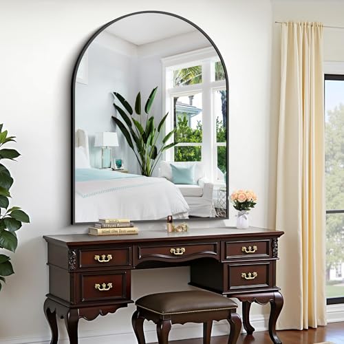 36x48 Inch Arched Wall Mirror - Large Black Metal Frame Bathroom Mirror