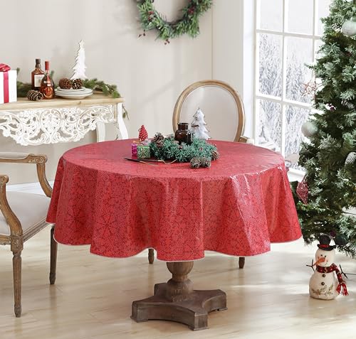 Newbridge 70 Inch Round Christmas Reindeer Vinyl Tablecloth with Flannel Backing