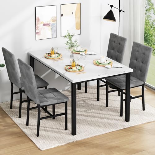 Faux Marble Dining Table Set for 4 with Velvet Upholstered Chairs
