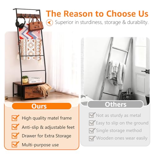 5-Tier Metal Blanket Ladder with Storage Drawer and Hooks, 63-Inch