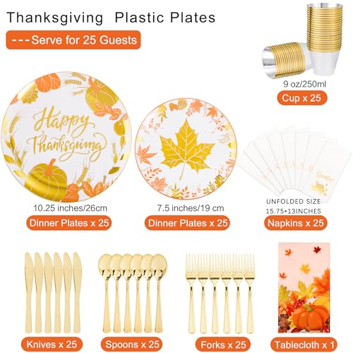 GATHER Thanksgiving Gold Plastic Plates Set with Gold Maple Leaves & Pumpkins