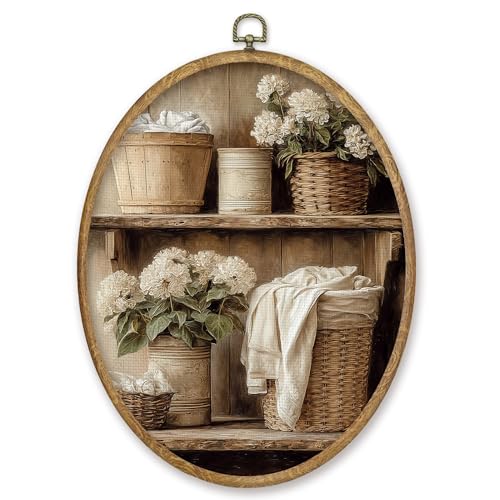 Vintage Floral Canvas Wall Art, Rustic Wood Framed Oval Print, 8.6x11.4 Inch