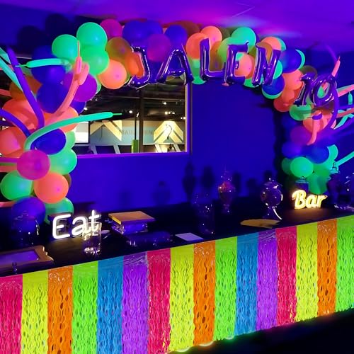 2 Pack Neon Tinsel Foil Fringe Table Skirts - UV Reactive Glow Party Decor