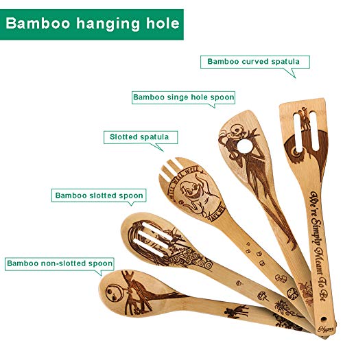 Nightmare3 Halloween Burned Wooden Spoons Set - 5 Piece Utensil Collection, Rustic Kitchen Decor & Gift