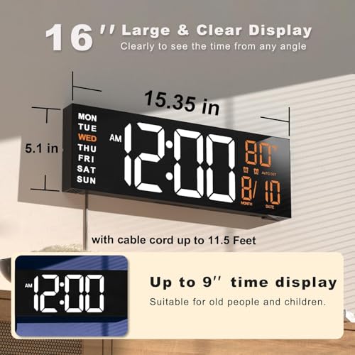 16-Inch Large LED Digital Wall Clock with Remote, 8 RGB Colors and Timer