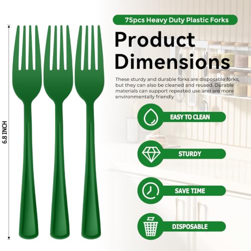Green Disposable Heavy Duty Plastic Forks 75 Pack 7.25 Inch for Parties