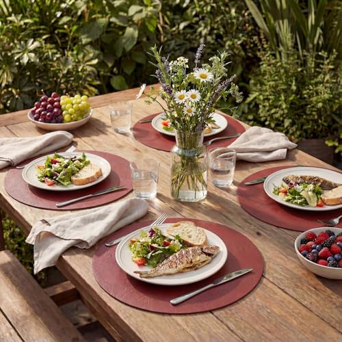 Artoid Mode Red Faux Leather Round Placemats Set of 6, 15-Inch Reversible Waterproof Dinner Table Decor