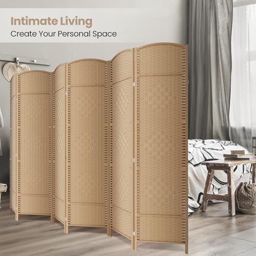 6-Panel Woven Room Divider, 6ft Tall Folding Privacy Screen, Light Beige