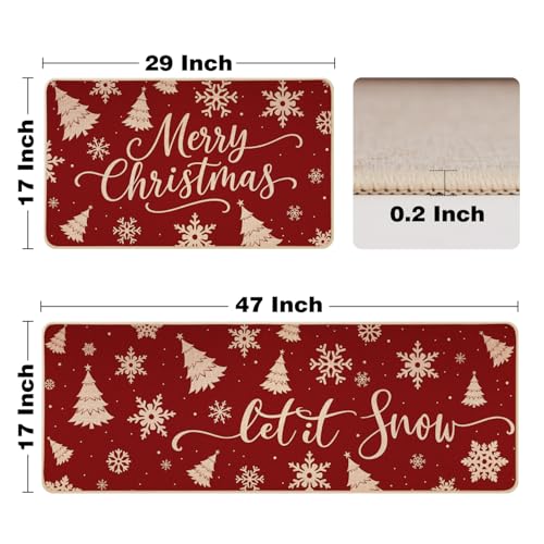 Siilues Red Christmas Kitchen Mat Set of 2 Non-Slip Snowflake & Tree Rugs 17x29 & 17x47 Inches