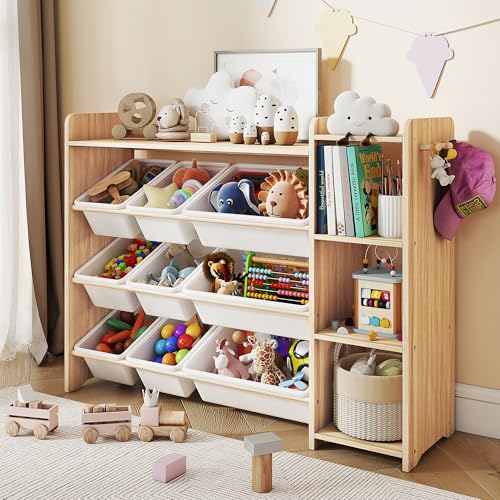 Kids Toy Storage Organizer with 9 Bins and 3-Tier Wooden Shelves