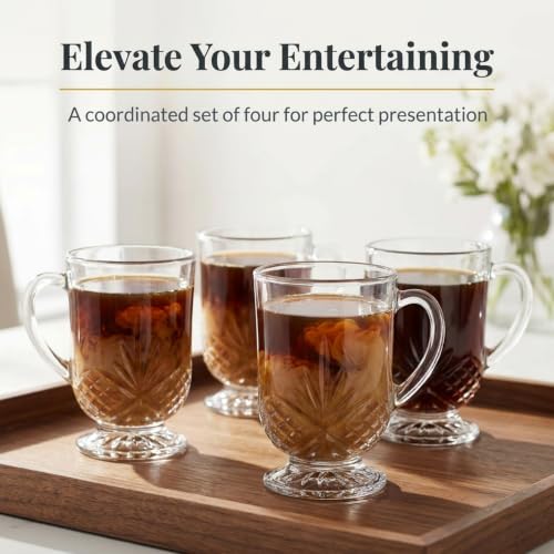 Godinger 10oz Crystal Coffee Mug Set of 4 - Clear Glass Tea Cups Dublin