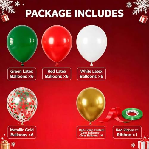 Christmas Balloons Set - Green, Red, White, Gold Latex & Confetti Balloons, Red & Green Ribbons - Xmas Decoration (Variation 2)