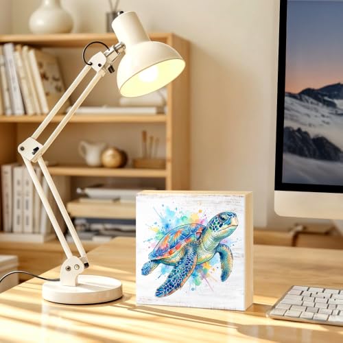 Colorful Sea Turtle Coastal Wood Block Plaque Box Sign - 5.9 x 5.9 inches, White
