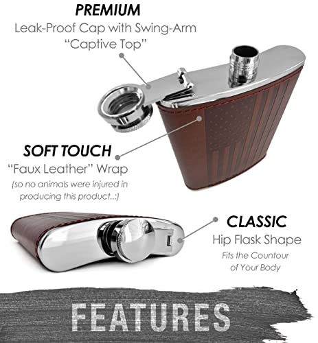 Brown Leather Wrap American Flag 8oz Hip Flask with Funnel – Stainless Steel, Leak Proof, Food Grade, Outdoor & Gift Set