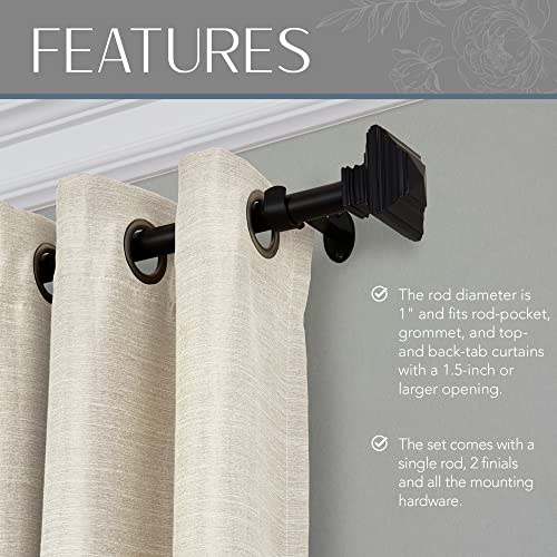 Adjustable Single Curtain Rod with Stacked Square Finials, Antique Black