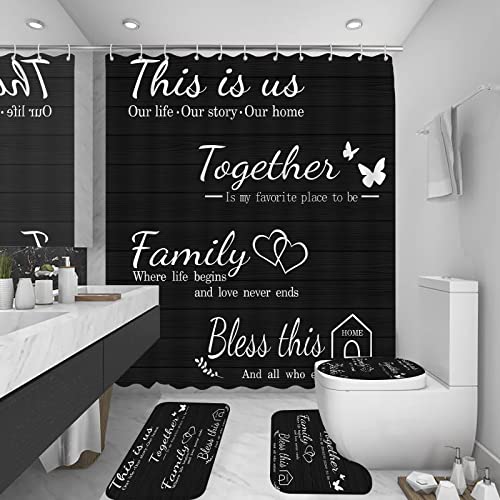4-Piece Bathroom Shower Curtain Set with Non-Slip Rugs and Toilet Lid Cover