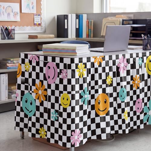 12ft Black and White Checkerboard Desk Skirt with Smile Faces and Flowers