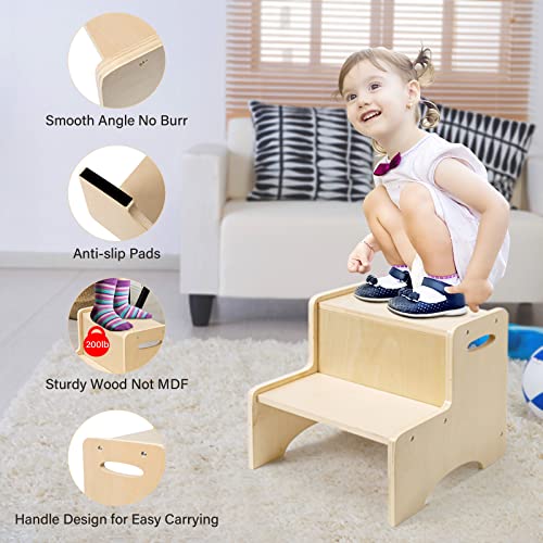 Beige Wooden Toddler Step Stool with Handles - Non-Slip Two Step Kids Stool for Bathroom & Kitchen