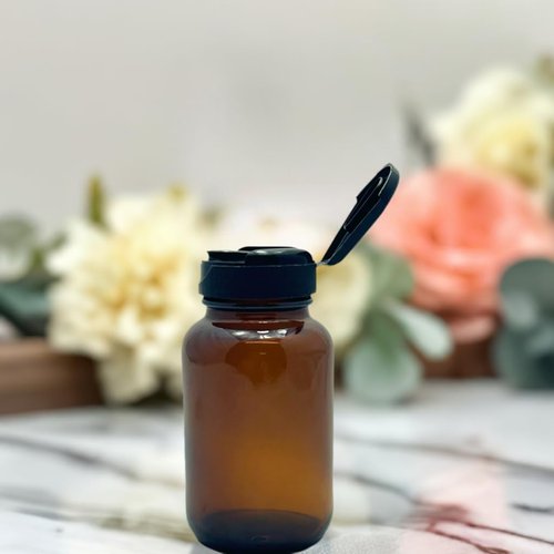 JUVITUS 4 oz Amber Glass Packer Bottle with Black Flip Top Cap (12 pack) + Labels