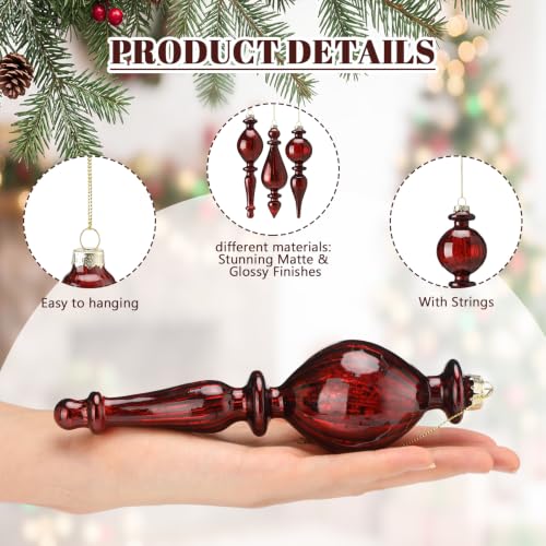 Seenelling Burgundy Crystal Glass Christmas Finial Ornaments Set of 6 - Retro Holiday Decor