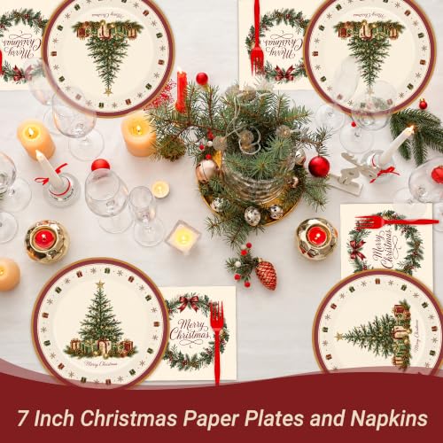 NestSail 200PCS Christmas Paper Plates Set 9x7 Inch for 50 Guests, Festive Holiday Tableware