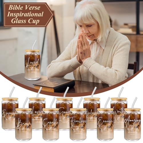Brown Bible Words Christian Glass Cups with Lids & Straws, Prayer Journals & Pens Set - 30 Pcs