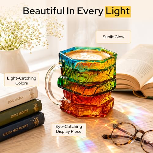 3D Stained Glass Book Mug 14oz – Thick Glass Coffee Tea Cup with Stacked Books Design