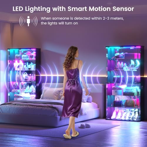 6-Tier 71-Inch Tall Glass Display Cabinet with RGB Lights and Motion Sensor