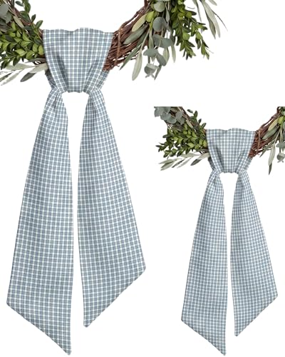Indigo Blue White Plaid Wreath Sash 2 Pack for Front Door Decor