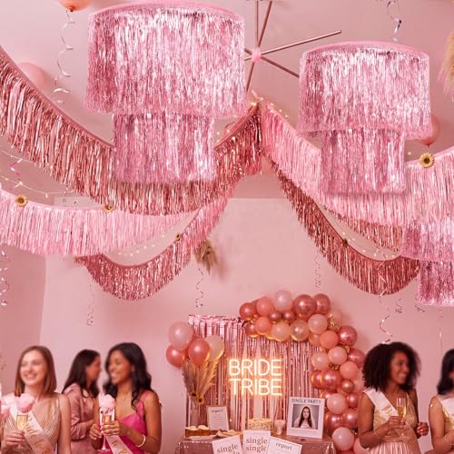 Pink Foil Fringe Tinsel Chandelier & Banner Party Decoration Set (6 Pack)