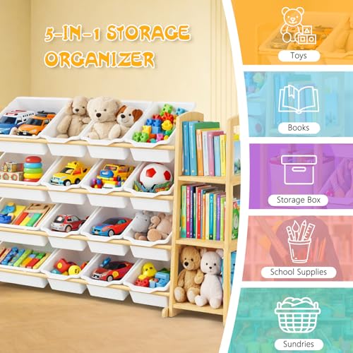 Kids Toy Storage Organizer with 16 Bins & 3 Shelves - Wooden Playroom Rack