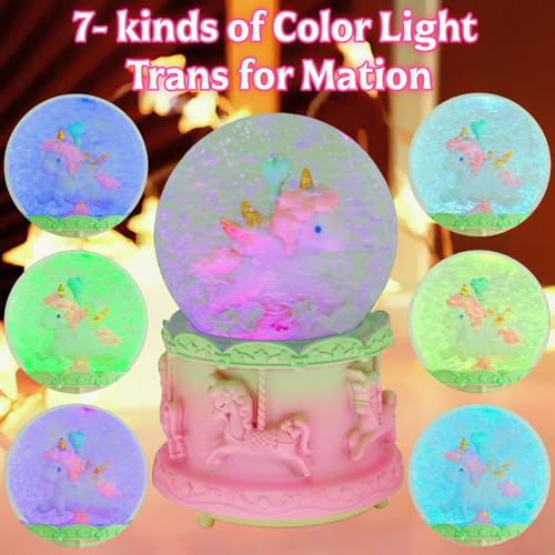 Unicorn Music Snow Globe with LED Lights and Automatic Snowfall Effect