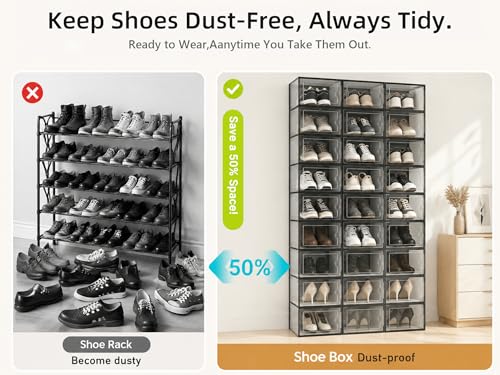 Kuject X-Large Clear Stackable Shoe Storage Boxes 12 Pack, Black Drop-Front Organizer
