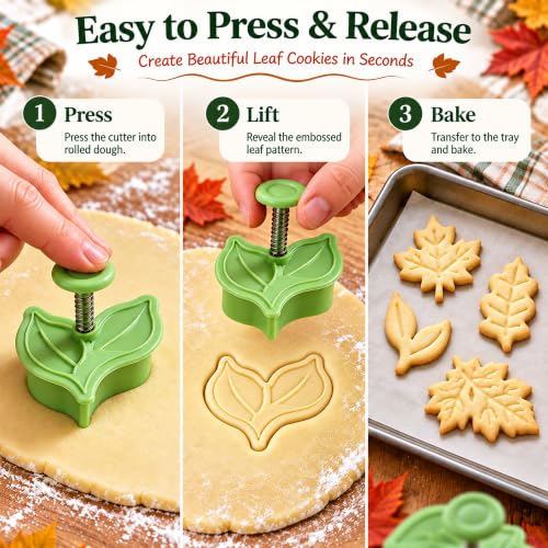 Crethinkaty Leaf Plunger Fondant Cutter Set for Fall & Christmas Baking - Leaf Design