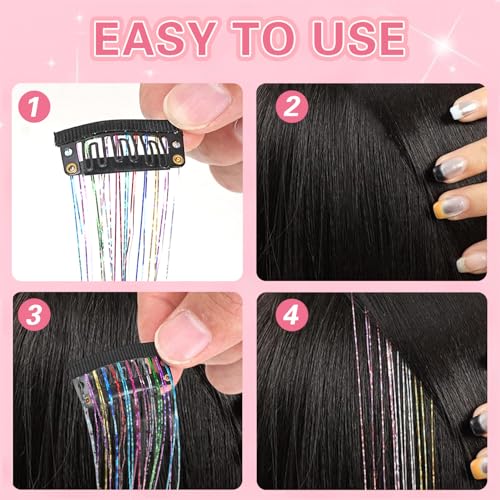 Clip-In Fairy Hair Tinsel Kit for Women & Girls - Laser Color, 23.5 Inch, Glitter Hair Accessories for Parties and Holidays