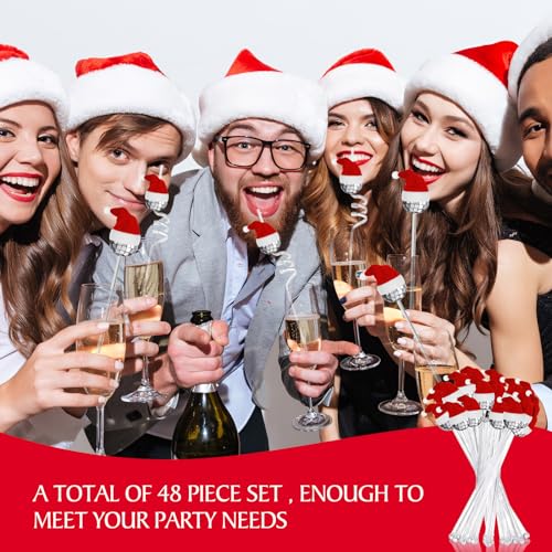 Sliner 48 Pack Christmas Disco Ball Straws & Stirrers with Hats - Reusable Plastic Cocktail Accessories for Holiday Parties