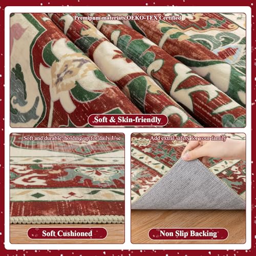 Red Christmas Area Rug 5x7 5' x 7' Boho Washable Non-Slip Floral Vintage Carpet (U'Artlines)