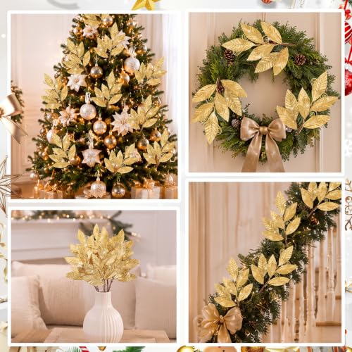 Janinka Gold Velvet Glittered Leaf Picks, 10 Pcs - Christmas Spray Artificial Branches