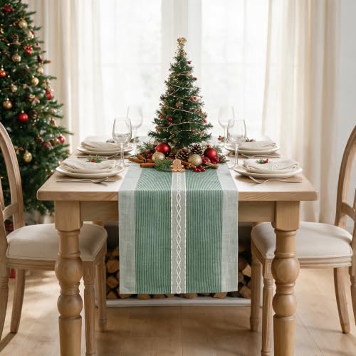 Artoid Mode 13" x 108" Green Braided Rustic Chenille Table Runner – Christmas Embroidered Home Kitchen Decor